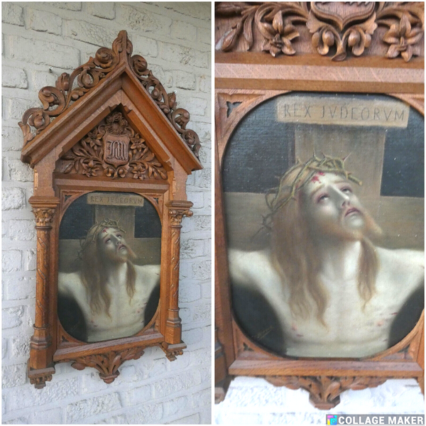 Antique XL 40,5" Wood carved church wall plaque neo gothic painting oil christ