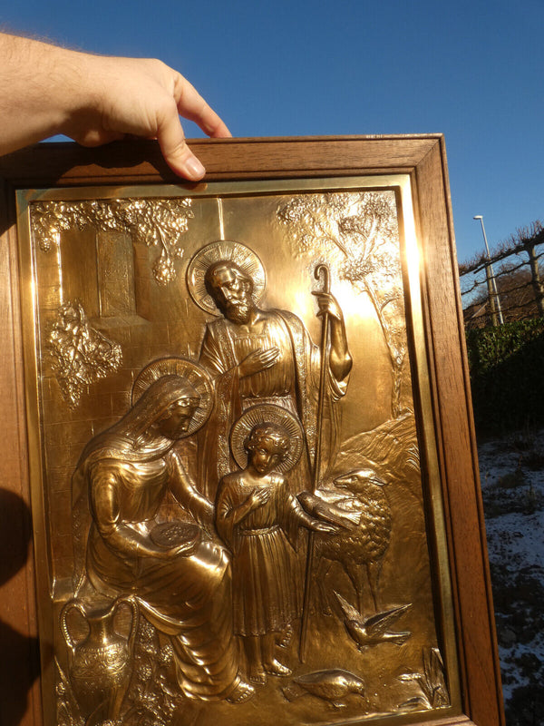 Vintage L 1970 copper wood holy family  jesus joseph mary religious plaque