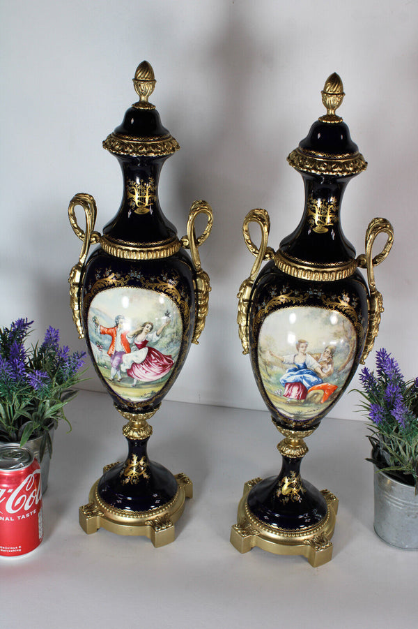 PAIR ACF sevres marked porcelain romantic decor vases cobalt blue rare