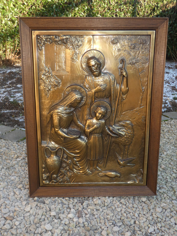 Vintage L 1970 copper wood holy family  jesus joseph mary religious plaque