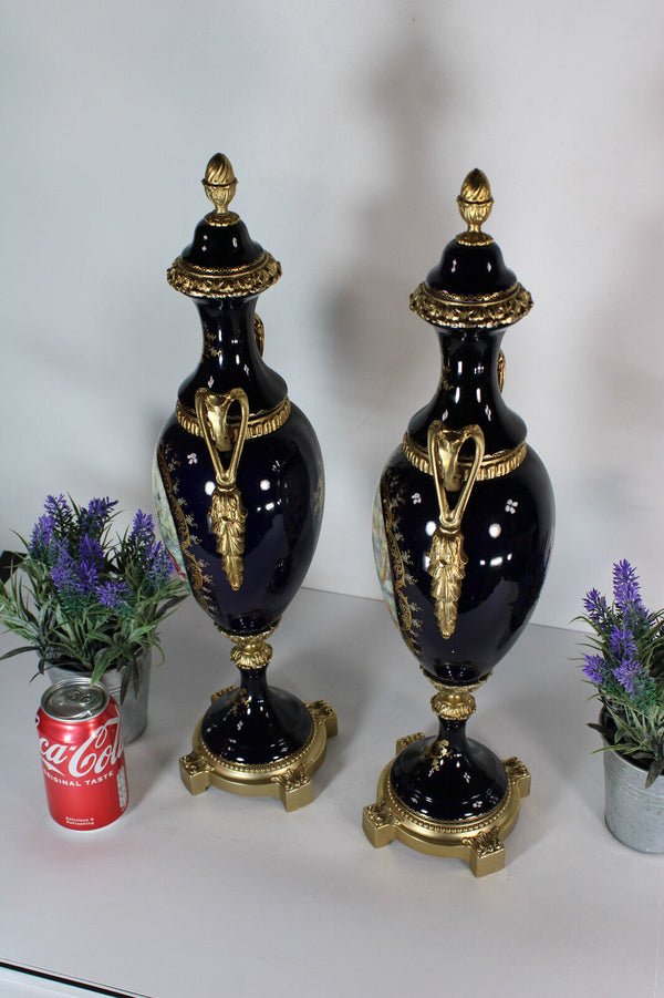 PAIR ACF sevres marked porcelain romantic decor vases cobalt blue rare