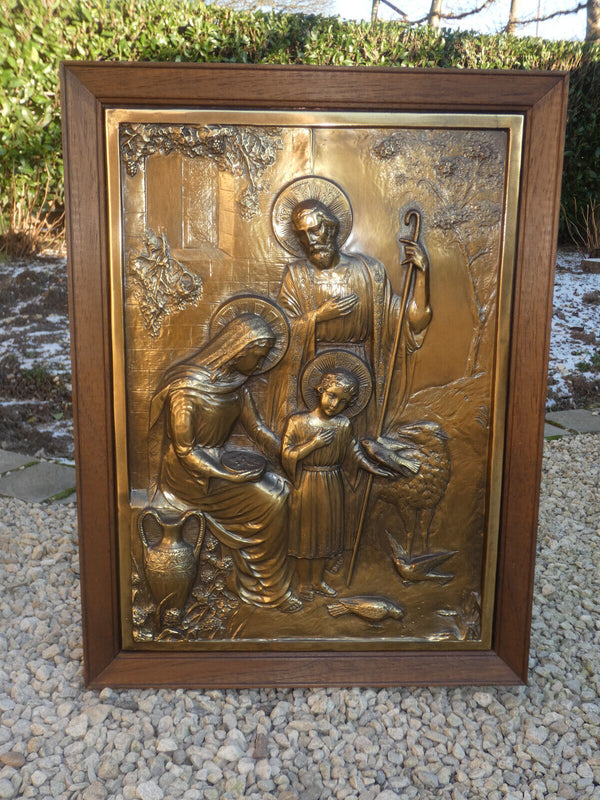 Vintage L 1970 copper wood holy family  jesus joseph mary religious plaque