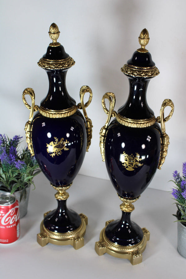 PAIR ACF sevres marked porcelain romantic decor vases cobalt blue rare