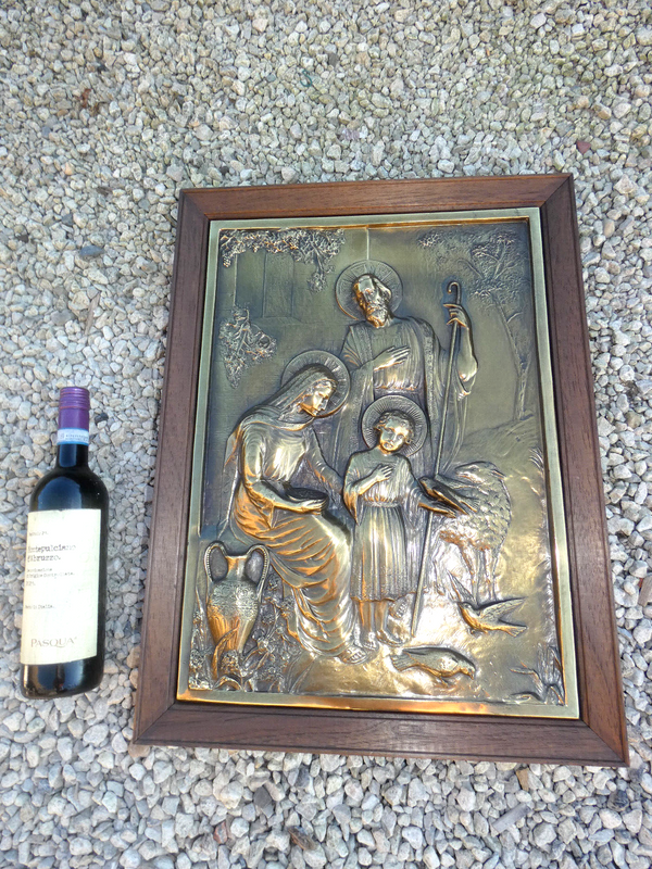 Vintage L 1970 copper wood holy family  jesus joseph mary religious plaque