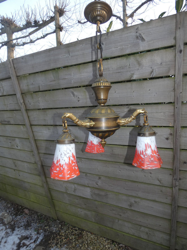 Vintage French 1960 Brass Glass paste shades red white  chandelier eagle 3 arm