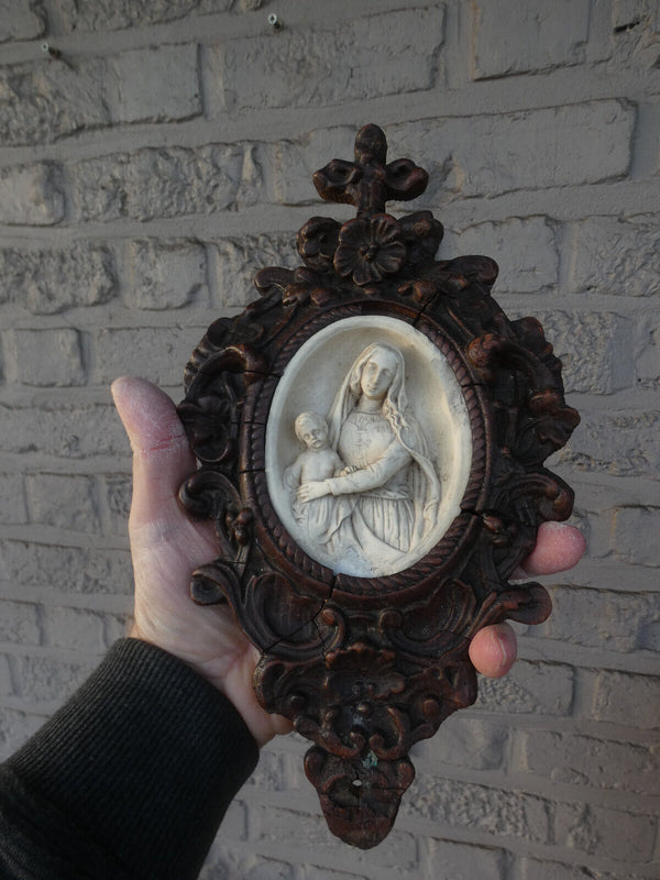 Antique French wood chalk madonna child relief wall plaque religious