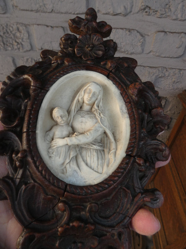 Antique French wood chalk madonna child relief wall plaque religious