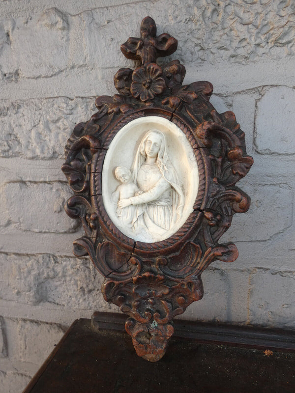 Antique French wood chalk madonna child relief wall plaque religious