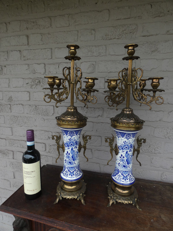 Antique Delft blue white pottery decor pair candelabras dragon handles rare