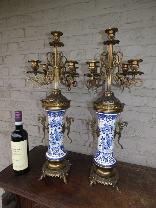 Antique Delft blue white pottery decor pair candelabras dragon handles rare