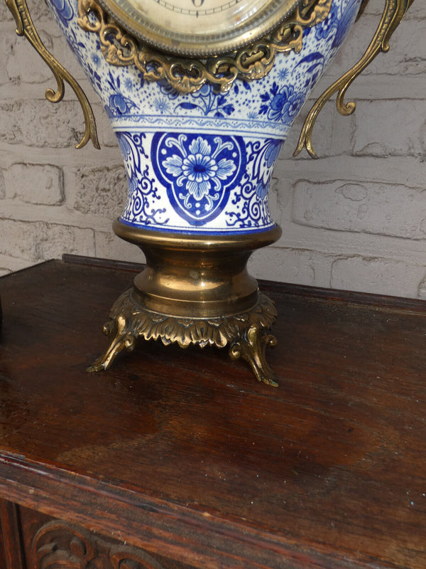 Antique Delft blue white pottery decor Mantel clock dragon handles