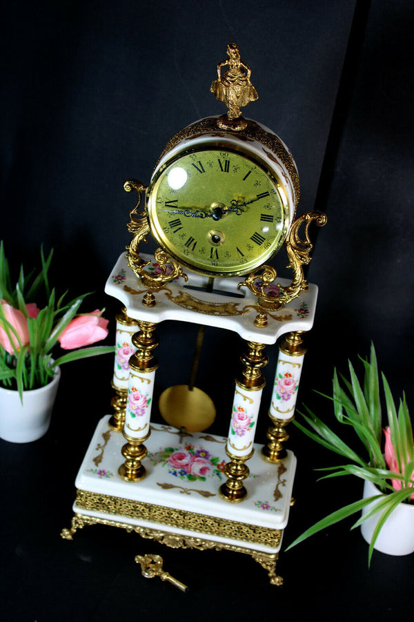 Vintage mantel porcelain Clock floral figurine top 1970
