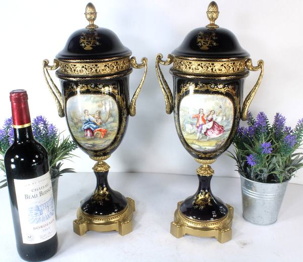 PAIR Acf sevres marked porcelain victorian scene Vases urns