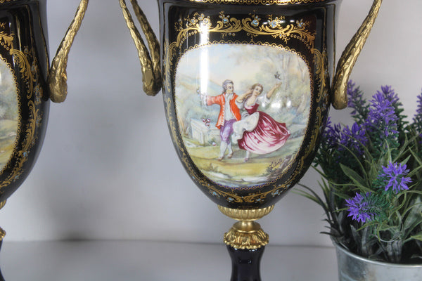 PAIR Acf sevres marked porcelain victorian scene Vases urns