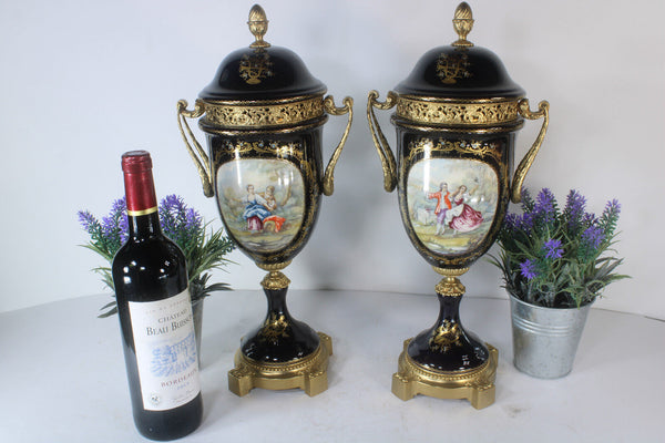 PAIR Acf sevres marked porcelain victorian scene Vases urns