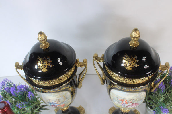 PAIR Acf sevres marked porcelain victorian scene Vases urns