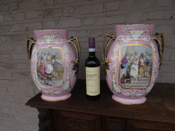 PAIR large  antique french porcelain Faience Vases napoleonic decors