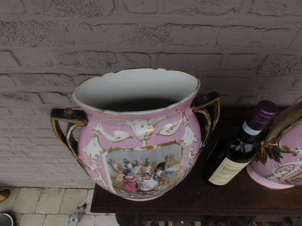 PAIR large  antique french porcelain Faience Vases napoleonic decors