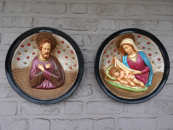 Antique pair Religious holy family joseph mary jesus relief plaques set