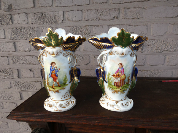 pair antique french vieux paris porcelain vases with potraits 1900s