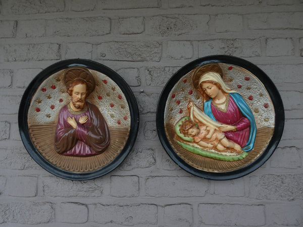 Antique pair Religious holy family joseph mary jesus relief plaques set