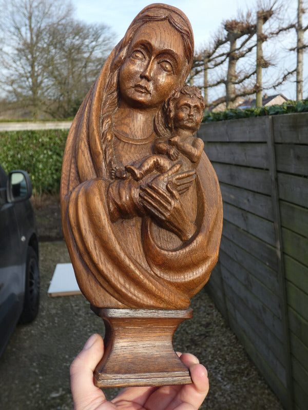 Antique Belgian wood carved madonna child sculpture statue religious