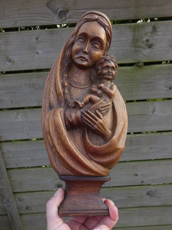 Antique Belgian wood carved madonna child sculpture statue religious