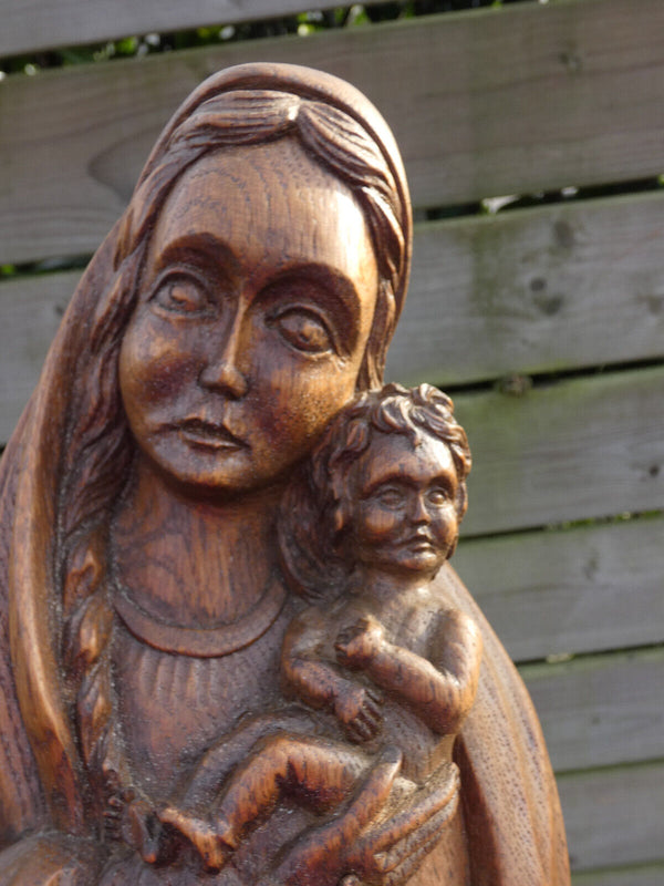 Antique Belgian wood carved madonna child sculpture statue religious