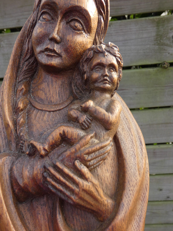 Antique Belgian wood carved madonna child sculpture statue religious