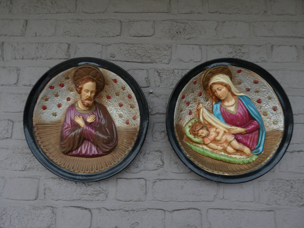 Antique pair Religious holy family joseph mary jesus relief plaques set