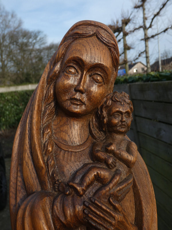 Antique Belgian wood carved madonna child sculpture statue religious