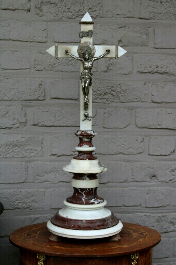 LARGE Antique French 1930 MArble crucifix cross  Religious