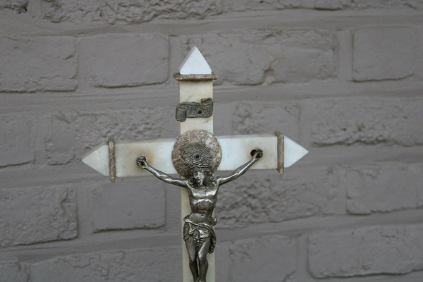 LARGE Antique French 1930 MArble crucifix cross  Religious