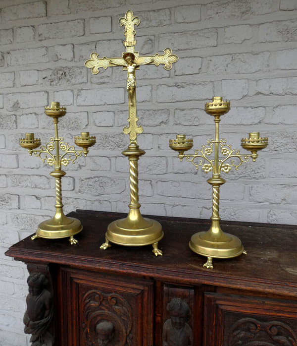 Antique Brass Altar candelabra crucifix set candle holder lion paws rare