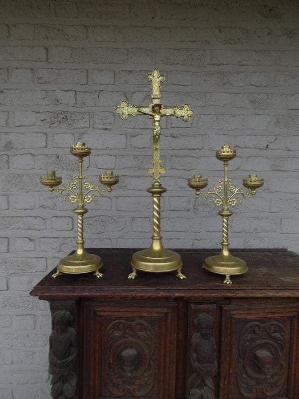 Antique Brass Altar candelabra crucifix set candle holder lion paws rare