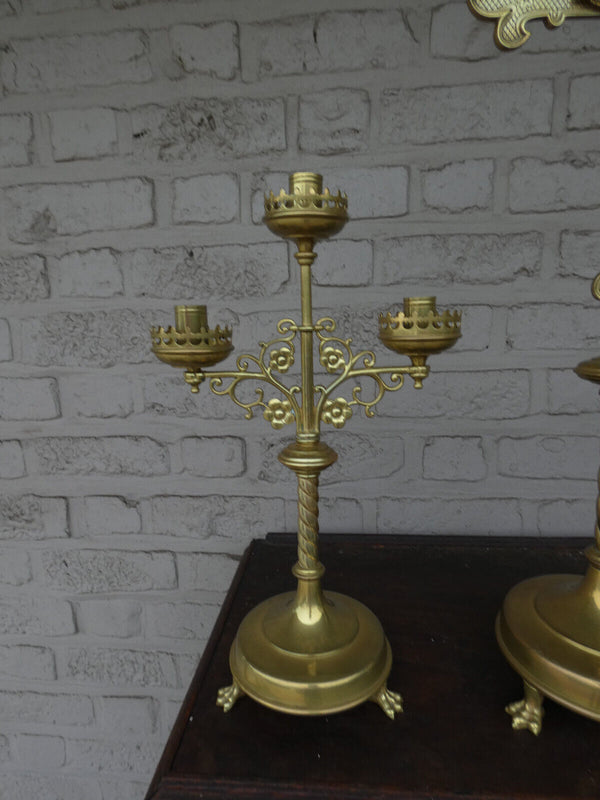 Antique Brass Altar candelabra crucifix set candle holder lion paws rare