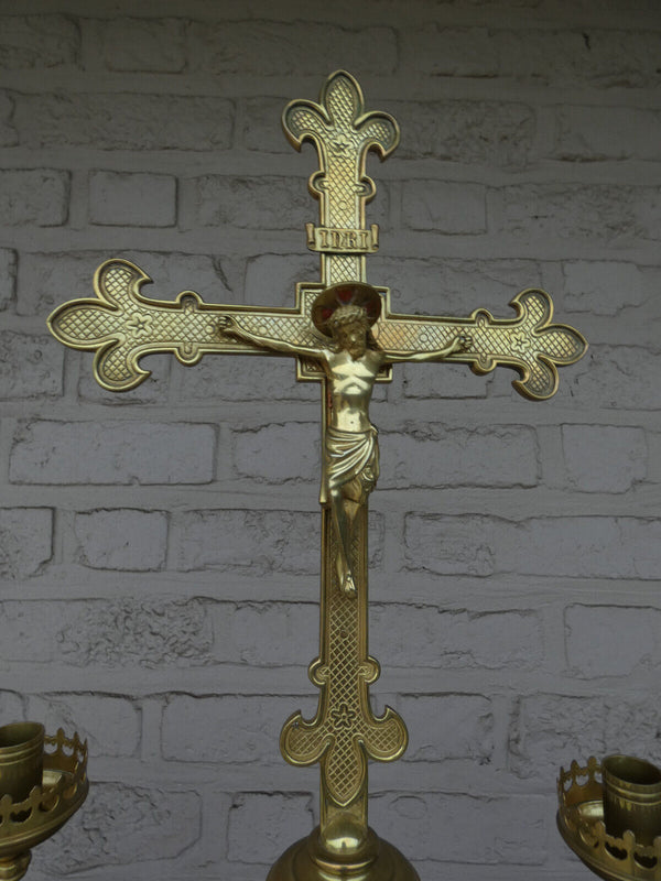 Antique Brass Altar candelabra crucifix set candle holder lion paws rare