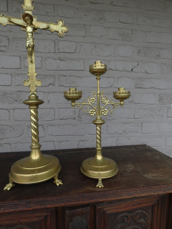 Antique Brass Altar candelabra crucifix set candle holder lion paws rare