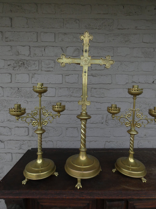 Antique Brass Altar candelabra crucifix set candle holder lion paws rare