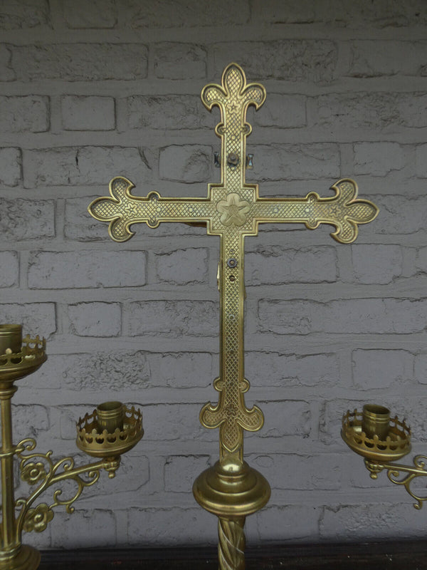 Antique Brass Altar candelabra crucifix set candle holder lion paws rare