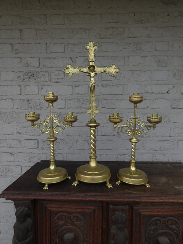 Antique Brass Altar candelabra crucifix set candle holder lion paws rare