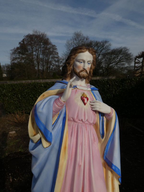 Antique Belgian vieux andenne bisque porcelain sacred heart jesus statue