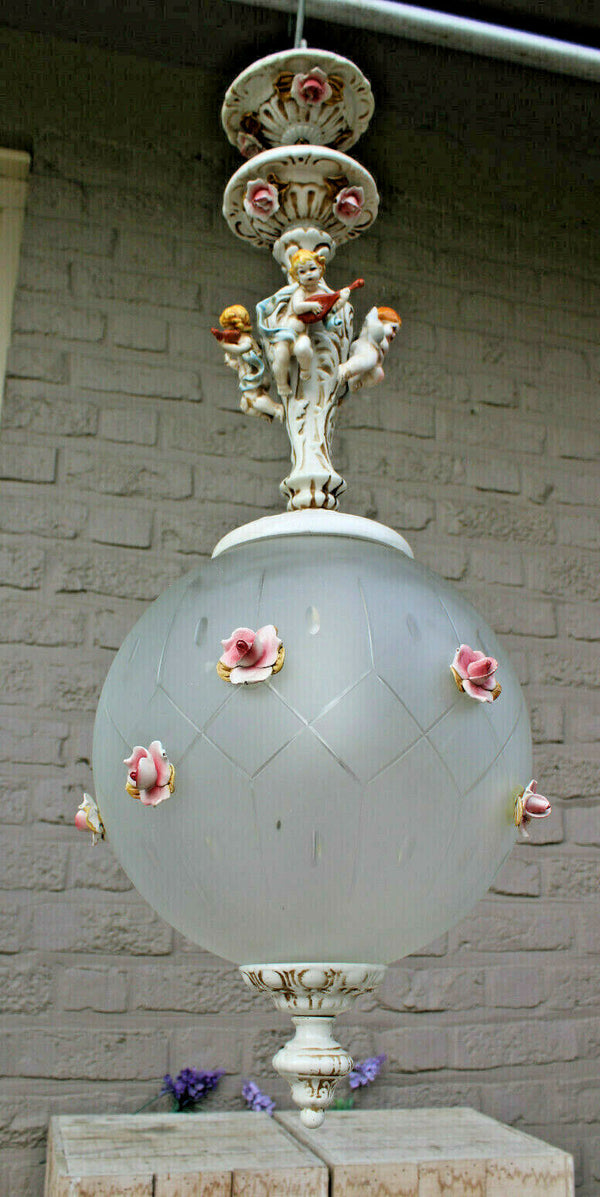Vintage italian capodimonte faience porcelain putti glass globe roses chandelier