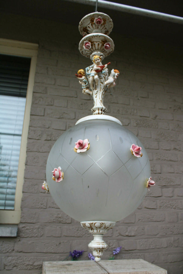 Vintage italian capodimonte faience porcelain putti glass globe roses chandelier