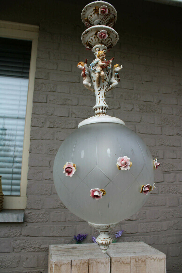 Vintage italian capodimonte faience porcelain putti glass globe roses chandelier