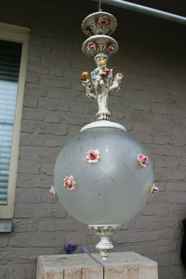 Vintage italian capodimonte faience porcelain putti glass globe roses chandelier