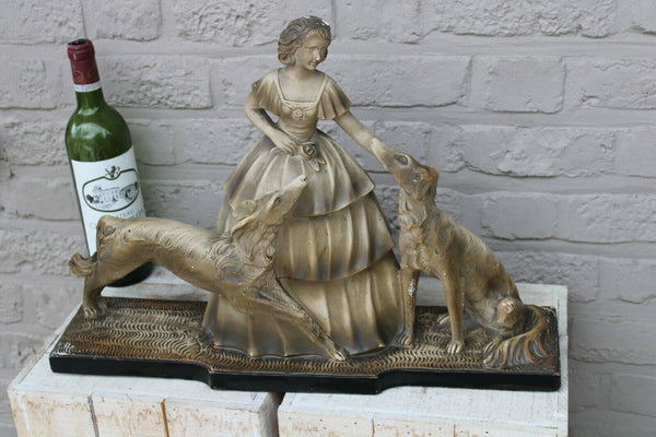 LArge Antique French art deco chalkware lady borzoi dogs statue 1930