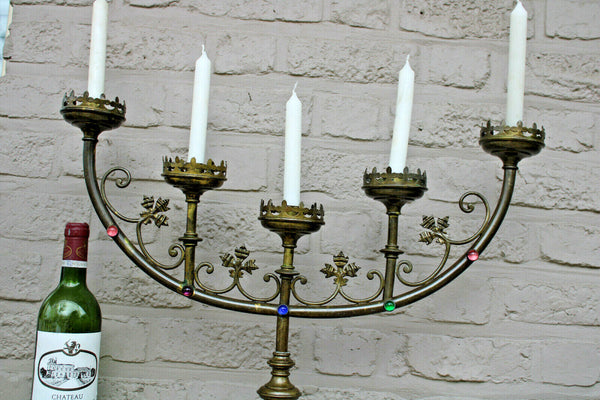 XL antique copper altar church candelabra candle holder religious glass stones