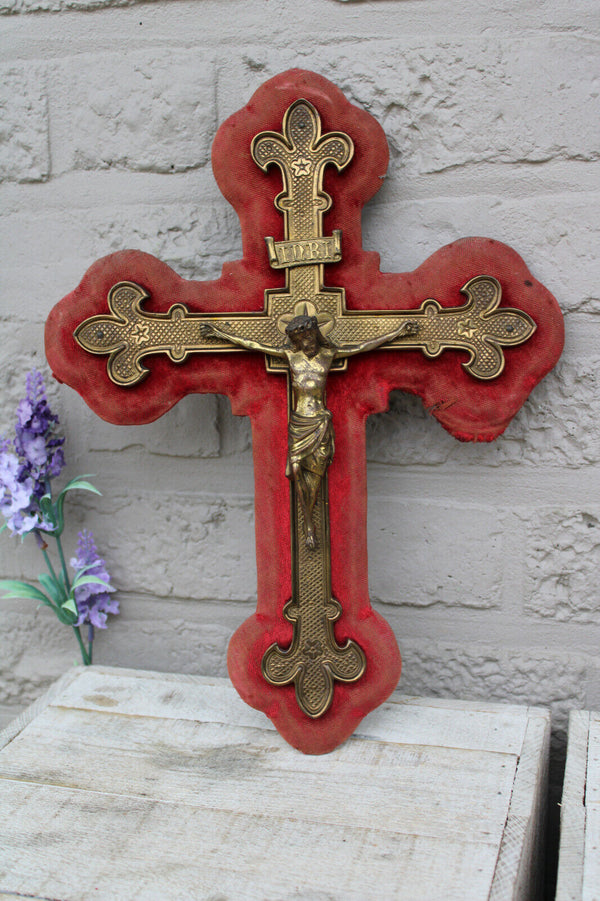 Antique French brass velvet fleur de lys wall crucifix religious