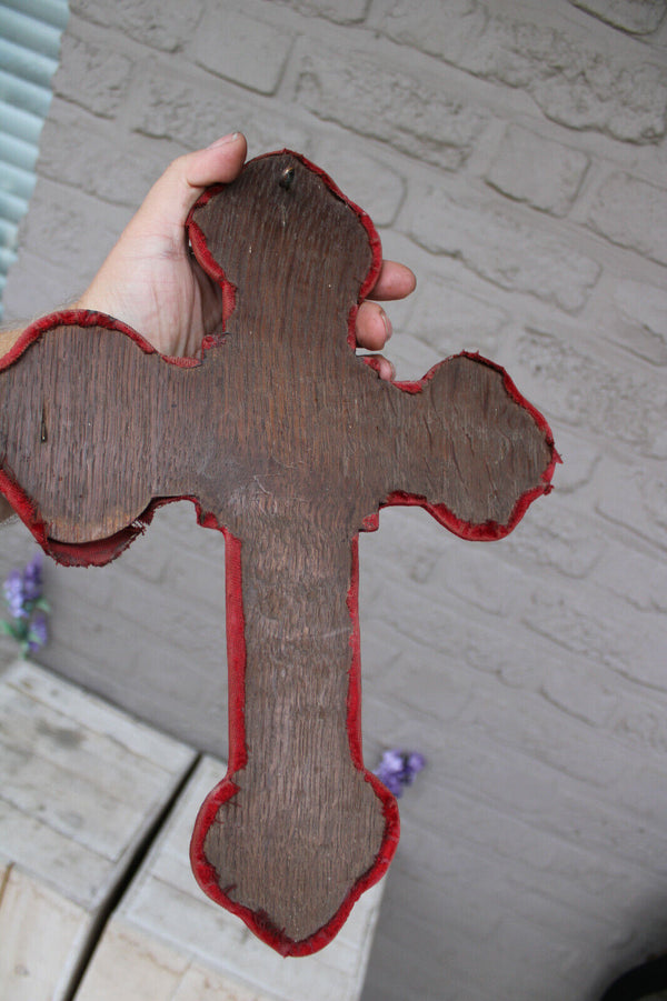 Antique French brass velvet fleur de lys wall crucifix religious